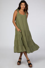 Olive Shoulder Tie Tiered Midi Dress