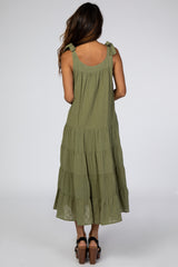 Olive Shoulder Tie Tiered Midi Dress