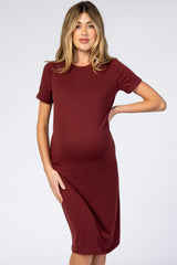 Burgundy Short Sleeve Maternity Midi Dress