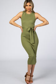 Olive Ribbed Knit Sleeveless Midi Dress