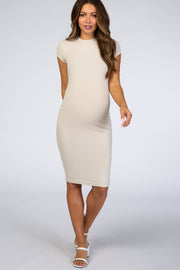 Beige Ribbed Fitted Maternity Dress