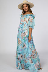 Light Blue Floral Chiffon Off Shoulder Maternity Maxi Dress