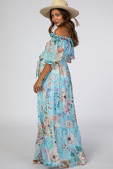 Light Blue Floral Chiffon Off Shoulder Maternity Maxi Dress