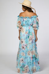 Light Blue Floral Chiffon Off Shoulder Maternity Maxi Dress