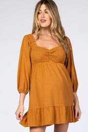 Camel Textured Stripe Sweetheart Neck Maternity Dress