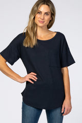 Navy Waffle Knit Pocket Front Maternity Top