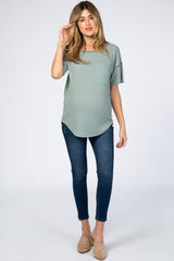 Sage Waffle Knit Pocket Front Maternity Top