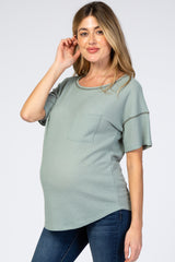 Sage Waffle Knit Pocket Front Maternity Top