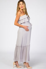 Grey Chiffon One Shoulder Ruffle Maternity Maxi