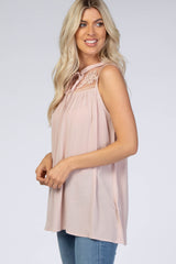 Light Pink Lace Inset Sleeveless Blouse