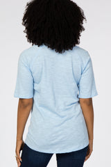 Light Blue V-Neck Raw Hem Short Sleeve Top