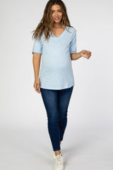 Light Blue V-Neck Raw Hem Short Sleeve Maternity Top