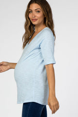 Light Blue V-Neck Raw Hem Short Sleeve Maternity Top