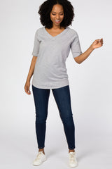 Grey V-Neck Raw Hem Short Sleeve Top