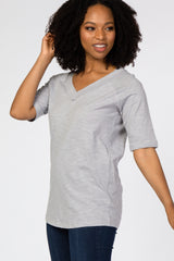 Grey V-Neck Raw Hem Short Sleeve Top