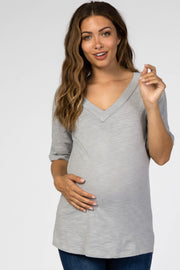 Grey V-Neck Raw Hem Short Sleeve Maternity Top