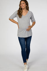 Grey V-Neck Raw Hem Short Sleeve Maternity Top