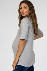 Grey V-Neck Raw Hem Short Sleeve Maternity Top