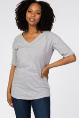 Grey V-Neck Raw Hem Short Sleeve Maternity Top