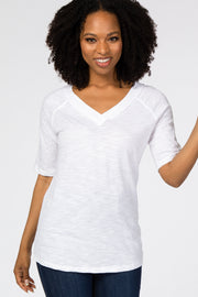 White V-Neck Raw Hem Short Sleeve Top