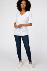 White V-Neck Raw Hem Short Sleeve Top