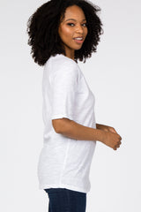 White V-Neck Raw Hem Short Sleeve Top