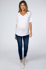 White V-Neck Raw Hem Short Sleeve Maternity Top