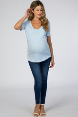 Light Blue Scoop Neck Pocket Front Maternity Top