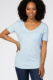 Light Blue Scoop Neck Pocket Front Top