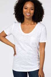 White Scoop Neck Pocket Front Top