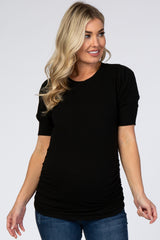 Black Ribbed Ruched Fitted Maternity Top