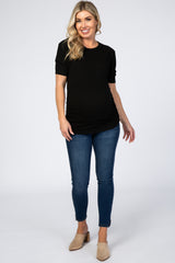 Black Ribbed Ruched Fitted Maternity Top