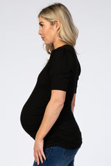 Black Ribbed Ruched Fitted Maternity Top