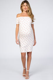 Ivory Floral Off Shoulder Fitted Maternity Dress