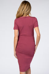 Burgundy Basic Short Sleeve Fitted Maternity Dress