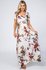 Cream Floral Waist Tie Wrap Maternity Maxi Dress