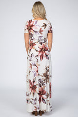 Cream Floral Waist Tie Wrap Maternity Maxi Dress