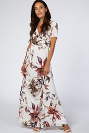 Cream Floral Waist Tie Wrap Maxi Dress