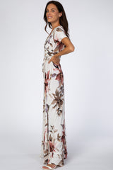 Cream Floral Waist Tie Wrap Maxi Dress