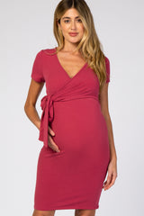 Red Knit Wrap Fitted Maternity/Nursing Dress