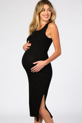 Black Ribbed Maternity Midi Dress