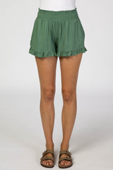 Olive Smocked Waist Ruffle Accent Shorts