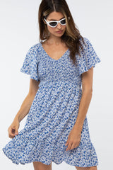 Royal Blue Floral Smocked V-Neck Maternity Dress