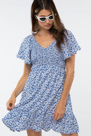 Royal Blue Floral Smocked V-Neck Dress