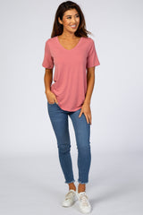 Rose Pink V-Neck Short Sleeve Basic Top