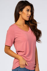 Rose Pink V-Neck Short Sleeve Basic Top