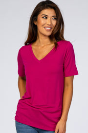 Magenta V-Neck Short Sleeve Basic Top