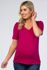 Magenta V-Neck Short Sleeve Basic Maternity Top