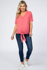 Pink Front Tie Button Accent Short Sleeve Maternity Top