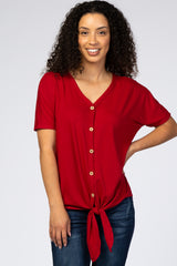 Dark Red Front Tie Button Accent Short Sleeve Top